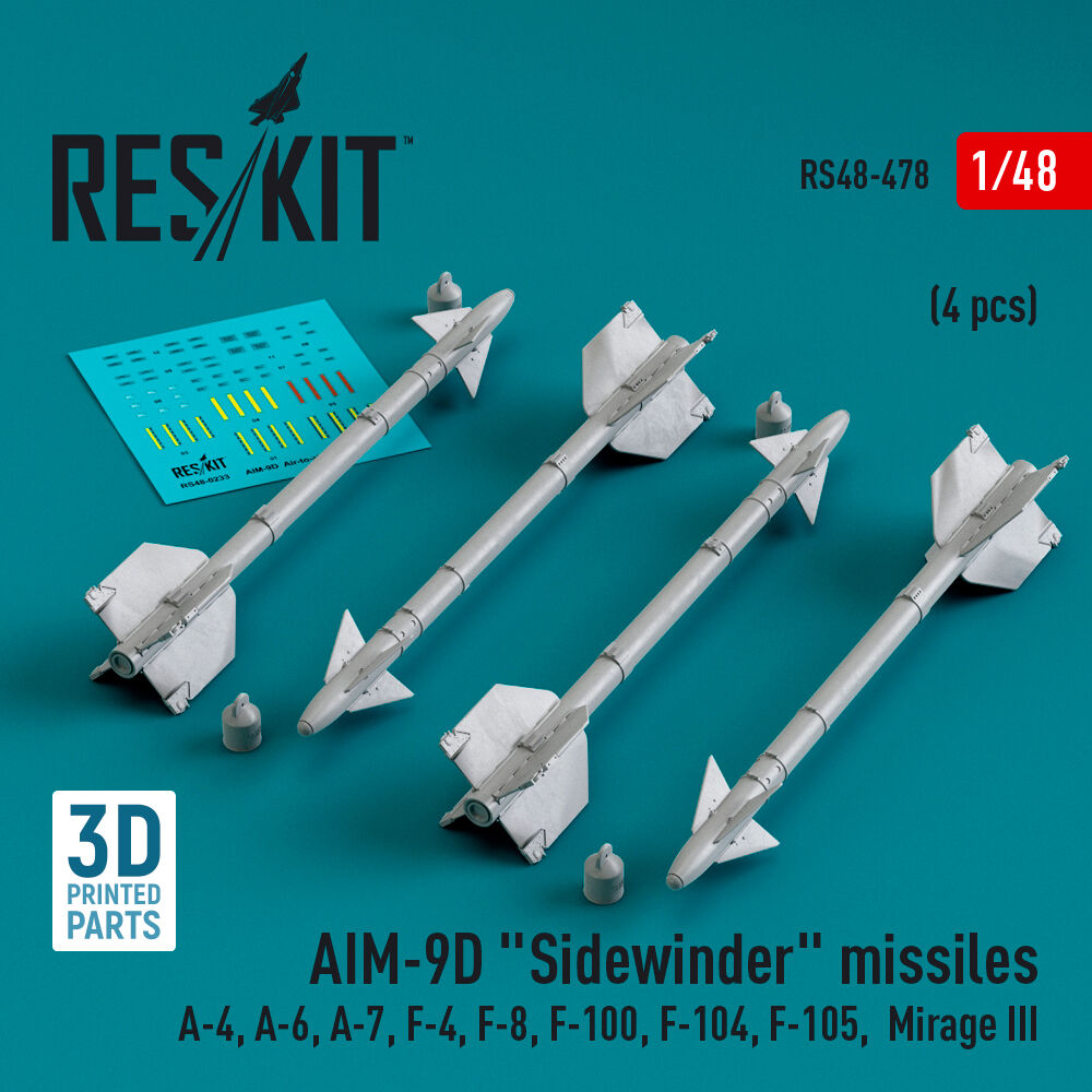 AIM-9D Sidewinder missiles (4 pcs) (A-4, A-6, A-7, F-4, F-8, F-100, F-104, F-105, Mirage III) (3D Printed)