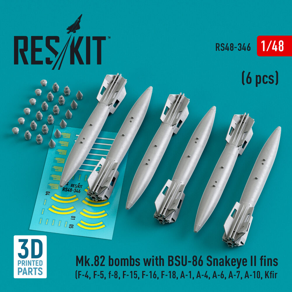Mk.82 bombs with BSU-86 Snakeye II fins (6 pcs) (F-4, F-5, F-8, F-15, F-16, F-18, A-1, A-4, A-6, A-7, A-10, Kfir) (3D Printed)