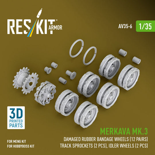 Merkava Mk.3 damaged rubber bandage wheels (12 pairs), track sprockets (2 pcs), idler wheels (2 pcs) for Meng/HobbyBoss kit (3D Printed)