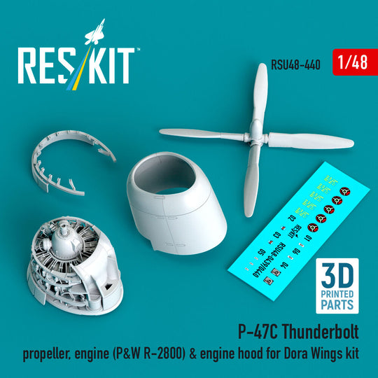 P-47C Thunderbolt propeller, engine (P&W R-2800) & engine hood (3D Printed) for Dora Wings