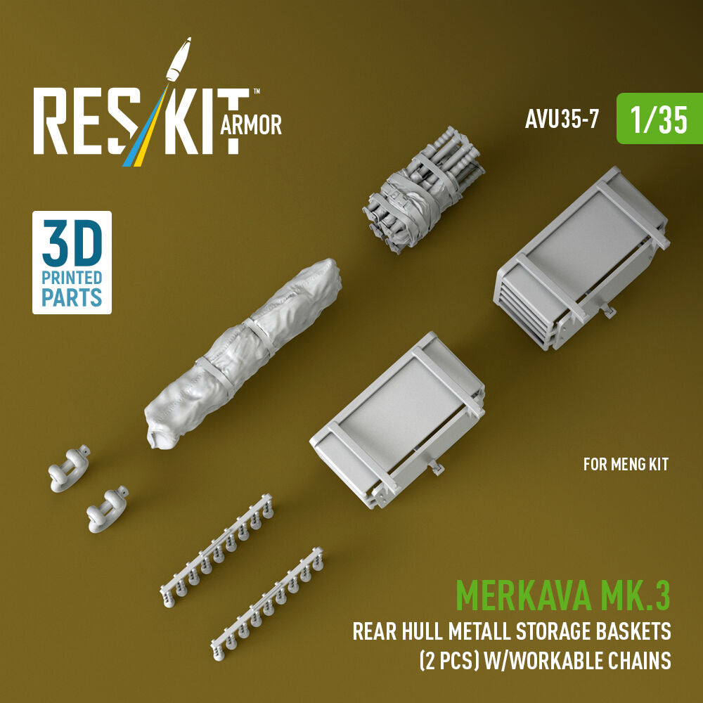 Merkava Mk.3 rear hull metall storage baskets (2 pcs) w/workable chains for Meng kit (3D Printed)