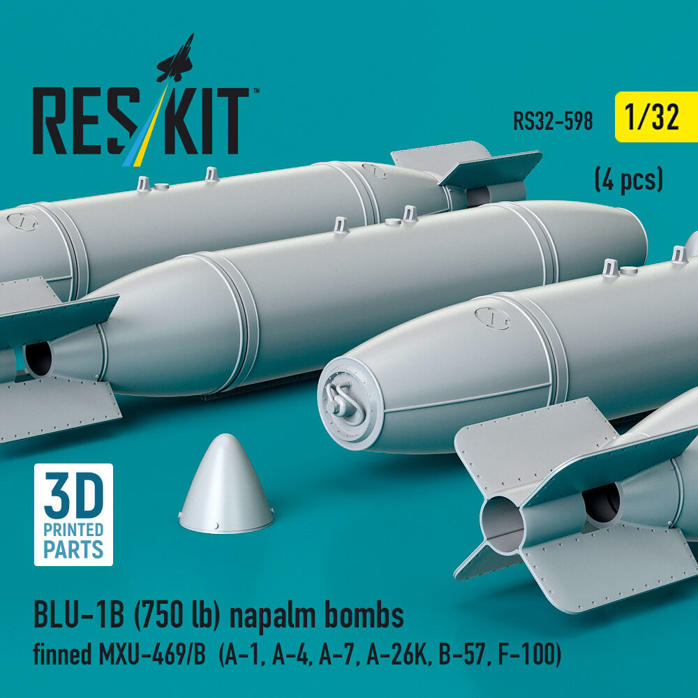 BLU-1B (750 lb) napalm bombs finned MXU-469/B (4 pcs) (A-1, A-4, A-7, A-26K, B-57, F-100) (3D Printed)