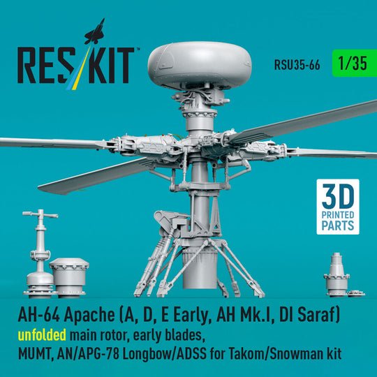 AH-64 Apache (A, D, E Early, AH Mk.I, DI Saraf) unfolded main rotor, early blades, MUMT, AN/APG-78 Longbow/ADSS for Takom/Snowman kit (3D Printed)