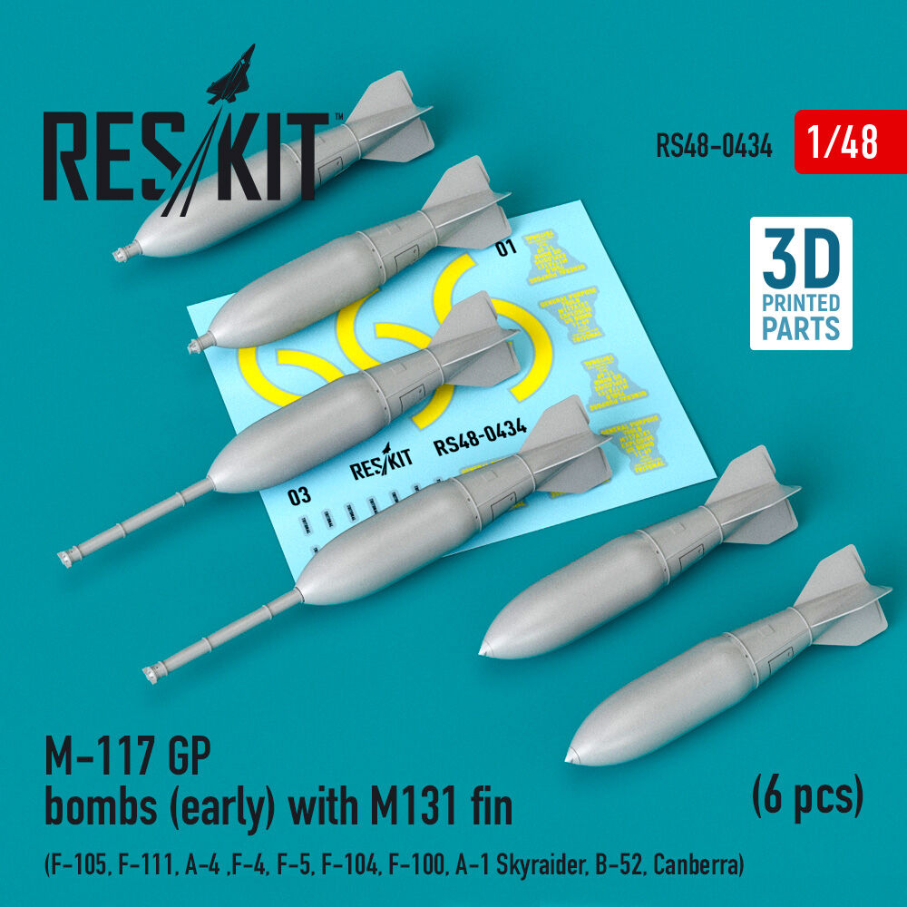 M-117 GP bombs (early) with M131 fin (6 pcs) (F-105, F-111, A-4 ,F-4, F-5, F-104, F-100, A-1 Skyraider, B-52, Canberra) (3D Printed)