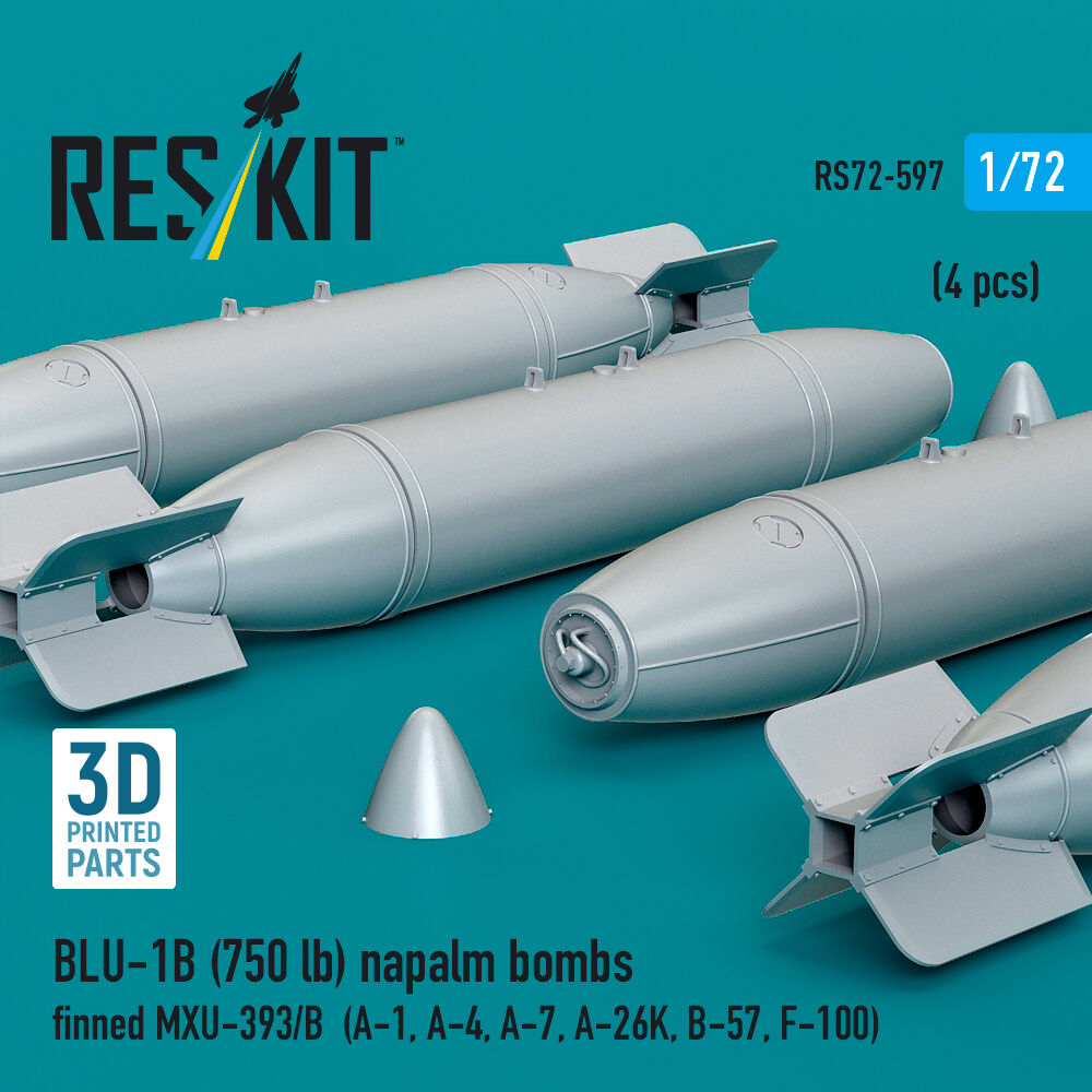 BLU-1B (750lb) napalm bombs finned MXU-393/B (4 pcs) (A-1, A-4, A-7, A-26K, B-57, F-100) (3D Printed)