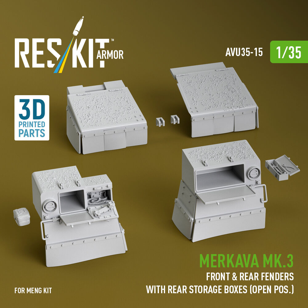 Merkava Mk.3 front & rear fenders with rear storage boxes (open pos.) for Meng kit (3D Printed)