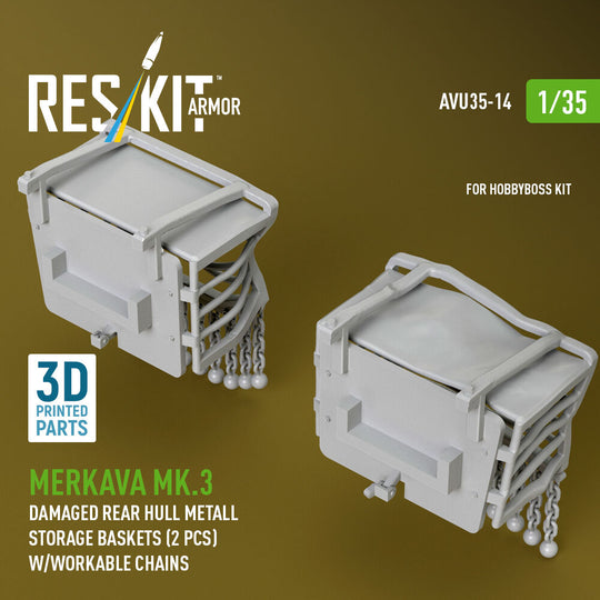 Merkava Mk.3 damaged rear hull metall storage baskets (2 pcs) w/workable chains for HobbyBoss kit (3D Printed)