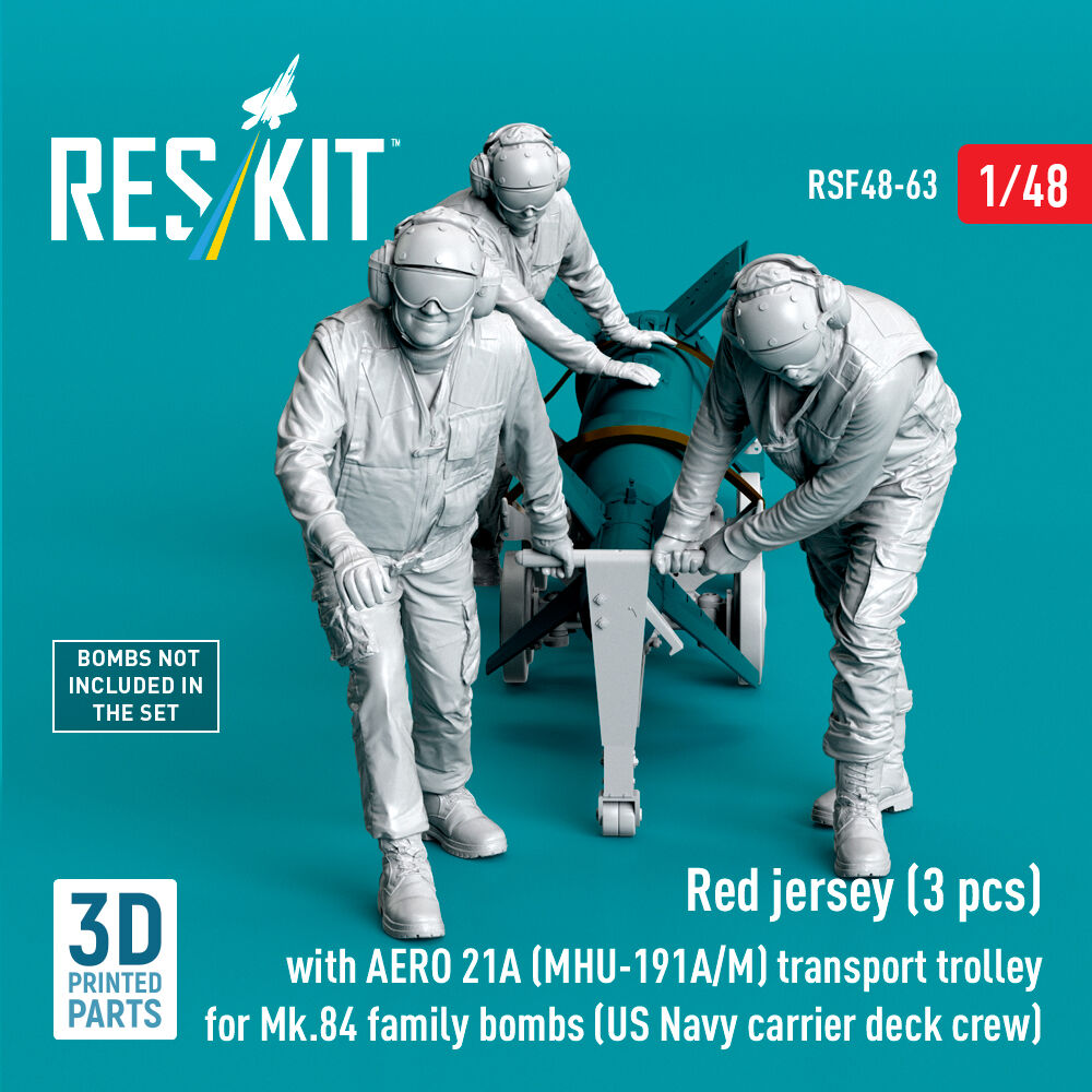Red jerseys (3 pcs) with AERO 21A (MHU-191A/M) transport trolley for Mk.84 family bombs (US Navy carrier deck crew) (3D Printed)