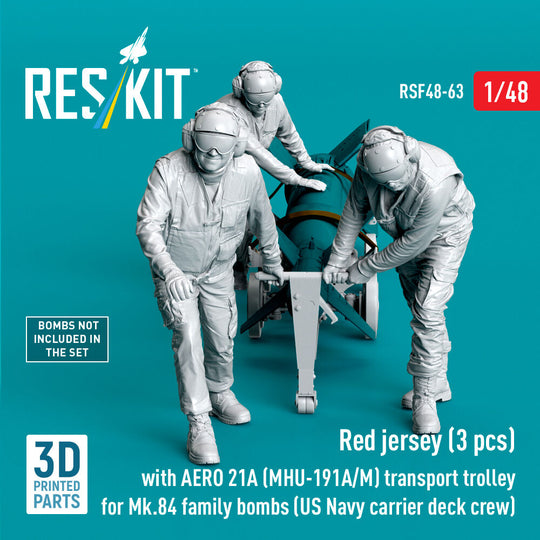 Red jerseys (3 pcs) with AERO 21A (MHU-191A/M) transport trolley for Mk.84 family bombs (US Navy carrier deck crew) (3D Printed)