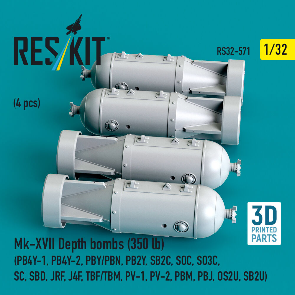 Mk-XVII Depth bombs (350 lb) (4 pcs) (PB4Y-1, PB4Y-2, PBY/PBN, PB2Y, SB2C, SOC, SO3C, SC, SBD, JRF, J4F, TBF/TBM, PV-1, PV-2, PBM, PBJ, OS2U, SB2U) (3D Printed)