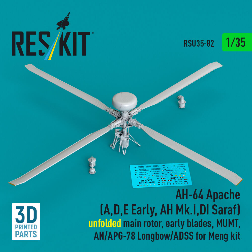 AH-64 Apache (A,D,E Early, AH Mk.I,DI Saraf) unfolded main rotor, early blades, MUMT, AN/APG-78 Longbow/ADSS for Meng kit (3D Printed)(1/35)