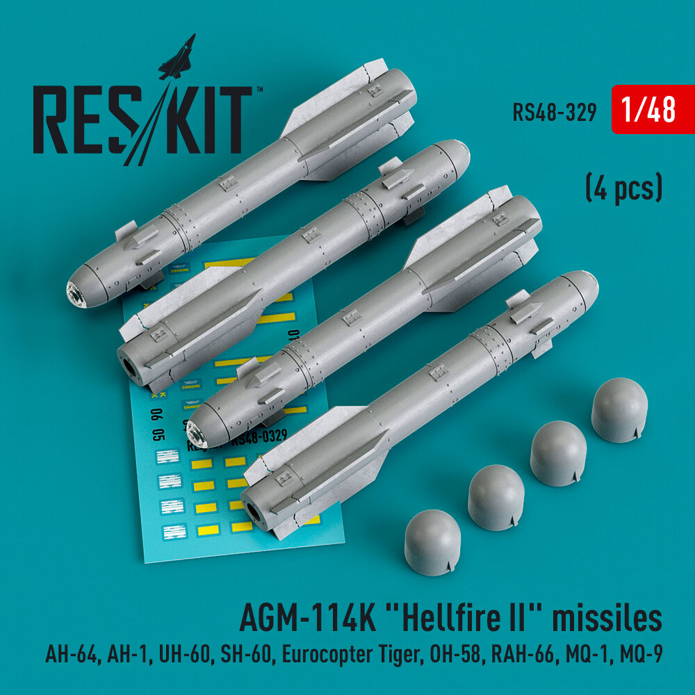 AGM-114K Hellfire II missiles (4 pcs) (AH-64, AH-1, UH-60, SH-60, Eurocopter Tiger, OH-58, RAH-66, MQ-1, MQ-9) (3D Printed)