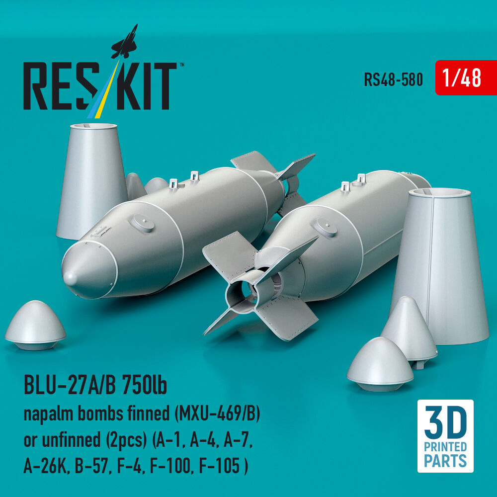 BLU-27A/B 750lb napalm bombs finned (MXU-469/B) or unfinned (2pcs) (A-1, A-4, A-7, A-26K, B-57, F-4, F-100, F-105 ) (3D Printed)