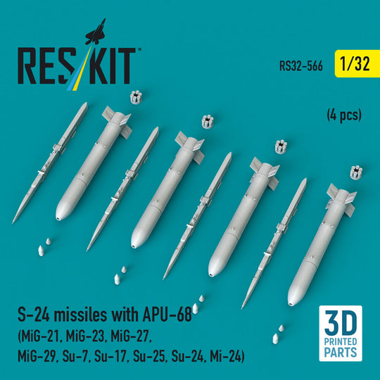 S-24 missiles with APU-68 (4 pcs) (MiG-21, MiG-23, MiG-27, MiG-29, Su-7, Su-17, Su-25, Su-24, Mi-24) (3D Printed)