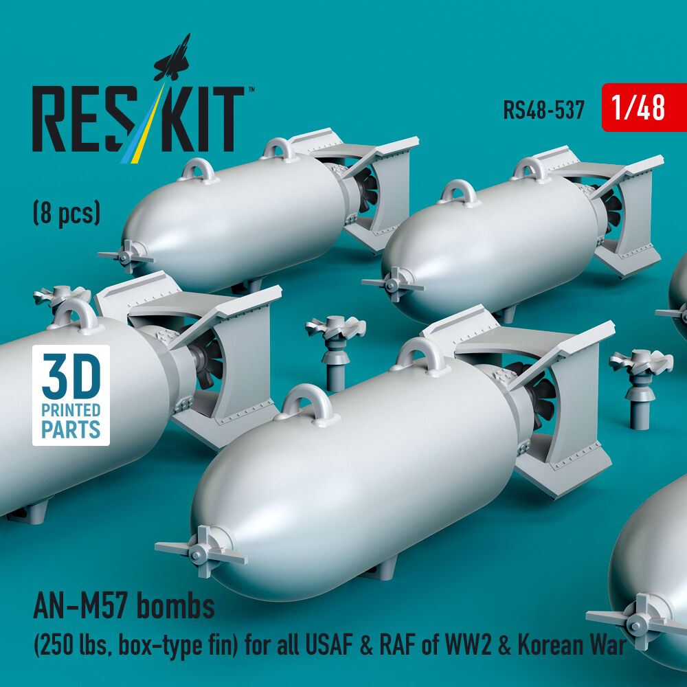 AN-M57 bombs (250 lbs, box-type fin) for all USAF & RAF of WW2 & Korean War (8 pcs) (3D Printed)