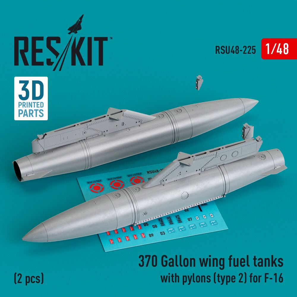 370 Gallon wing fuel tanks with pylons (type 2) for F-16 (A/B/C/D/E/F/I) (2 pcs) (3D Printed)