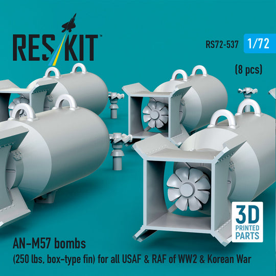 AN-M57 bombs (250 lbs, box-type fin) for all USAF & RAF of WW2 & Korean War (8 pcs) (3D Printed)