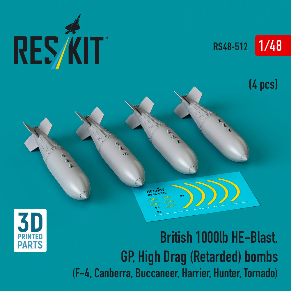 British 1000lb HE-Blast, GP, High Drag (Retarded) bombs (4 pcs) (F-4, Canberra, Buccaneer, Harrier, Hunter, Tornado) (3D printed)