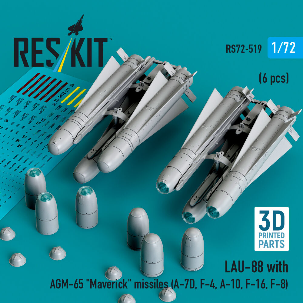 LAU-88 with (2 pcs) AGM-65 Maverick missiles (6 pcs) (A-7D, F-4, A-10, F-16) (3D Printed)