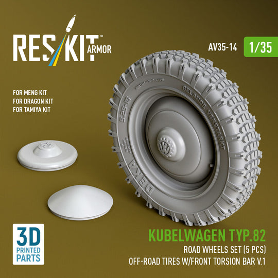 Kubelwagen typ.82 road wheels set (5 pcs) off-road tires w/front torsion bar V.1 (3D Printed) for Meng / Dragon / Tamiya