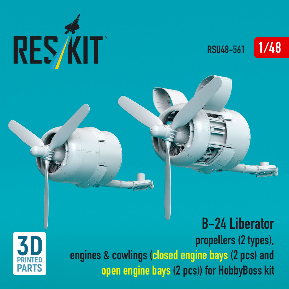 B-24 Liberator propellers (2 types), engines & cowlings (closed engine bays (2 pcs) and open engine bays (2 pcs)) (3D Printed) for Hobby Boss