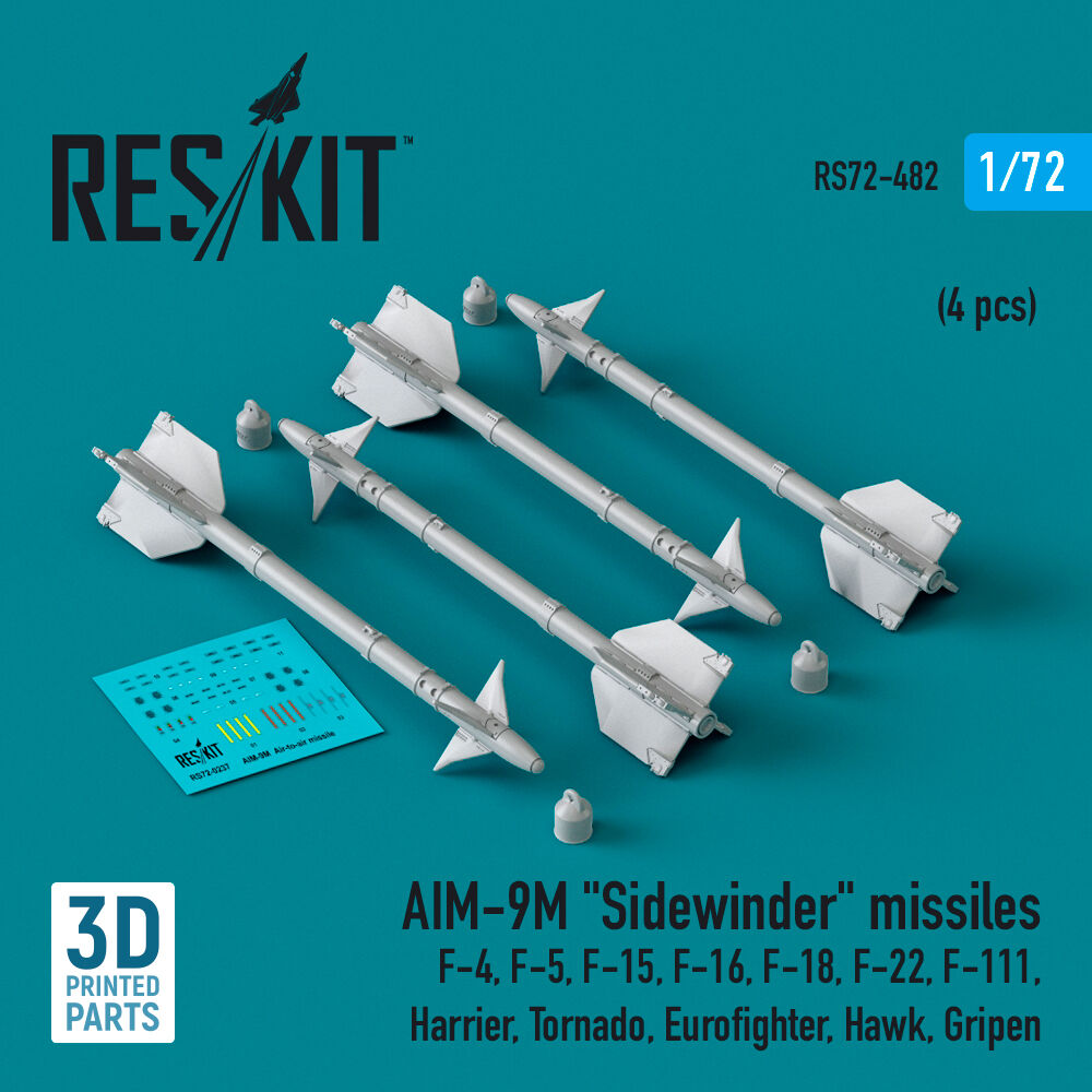 AIM-9M Sidewinder missiles (4 pcs) (F-4, F-5, F-15, F-16, F-18, F-22, F-111, Harrier, Tornado, Eurofighter, Hawk, Gripen) (3D Printed)
