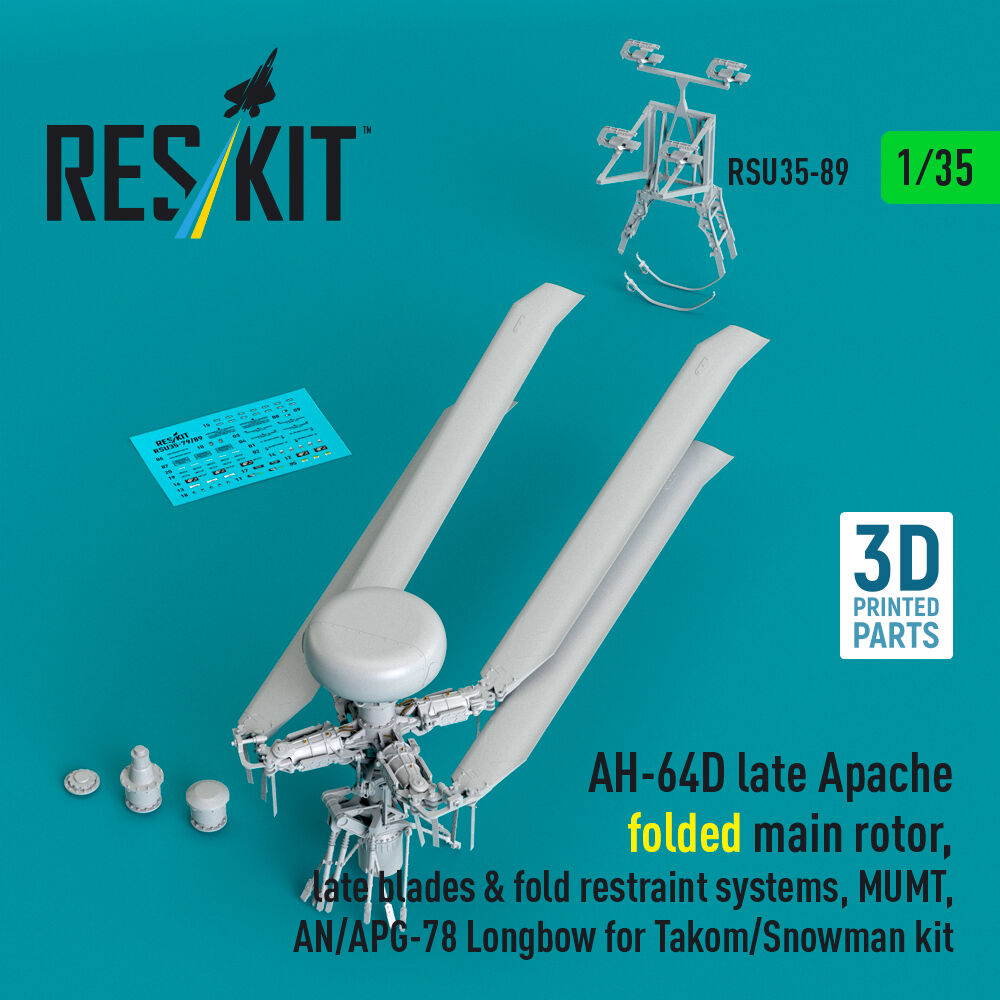 AH-64D late Apache folded main rotor, late blades & fold restraint systems, MUMT, AN/APG-78 Longbow for Takom/Snowman kit (3D Printed)