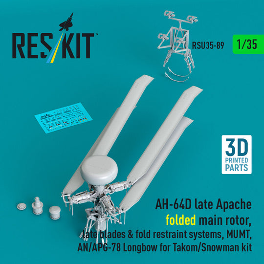 AH-64D late Apache folded main rotor, late blades & fold restraint systems, MUMT, AN/APG-78 Longbow for Takom/Snowman kit (3D Printed)