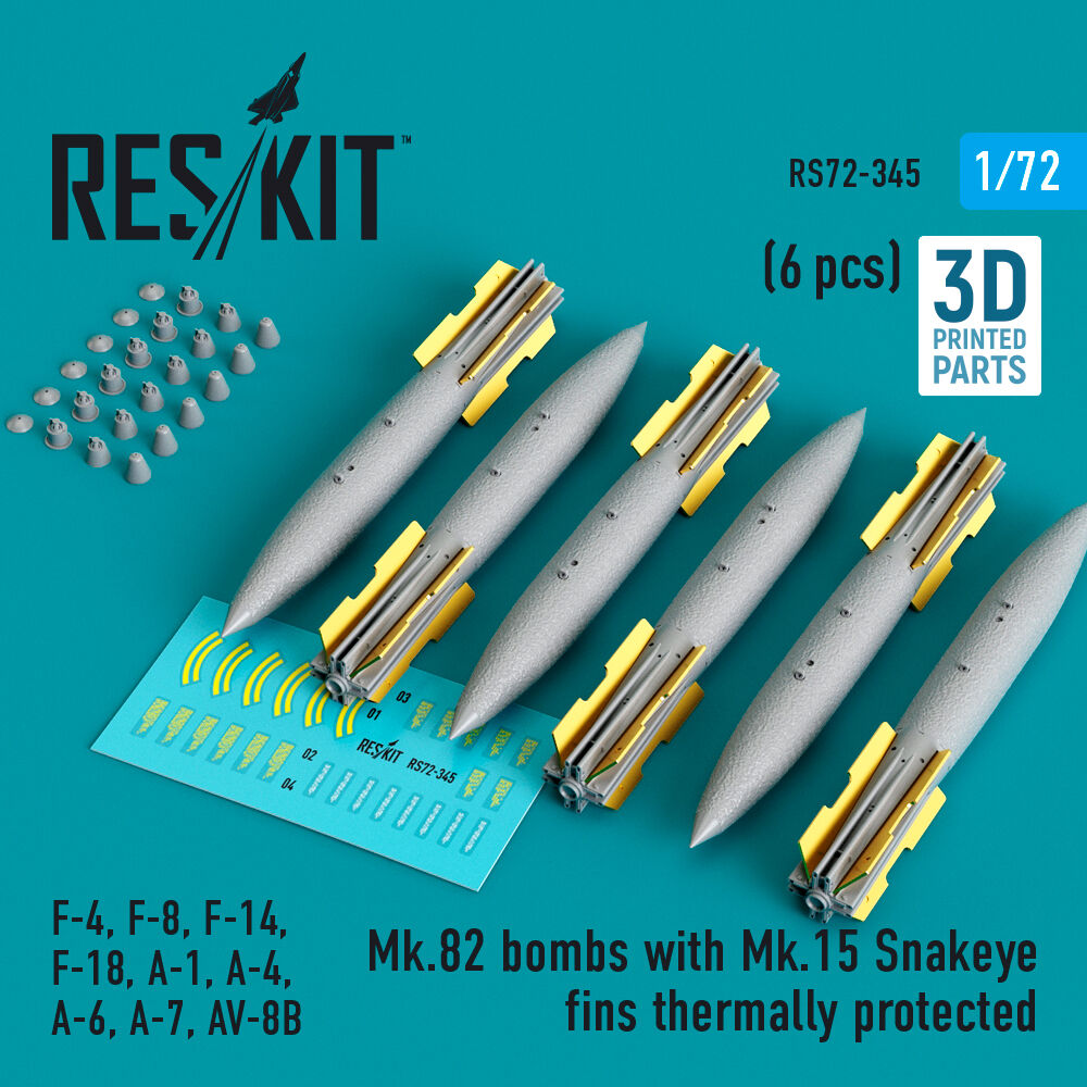 Mk.82 bombs with Mk.15 Snakeye fins thermally protected (6 pcs) (F-4, F-8, F-14 F-18, A-1, A-4, A-6, A-7, AV-8B) (3D Printed)