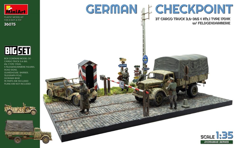German Checkpoint. 3t Cargo Truck 3,6-36S & Kfz.1 Type 170VK w/ Feldgendarmerie. Big Set
