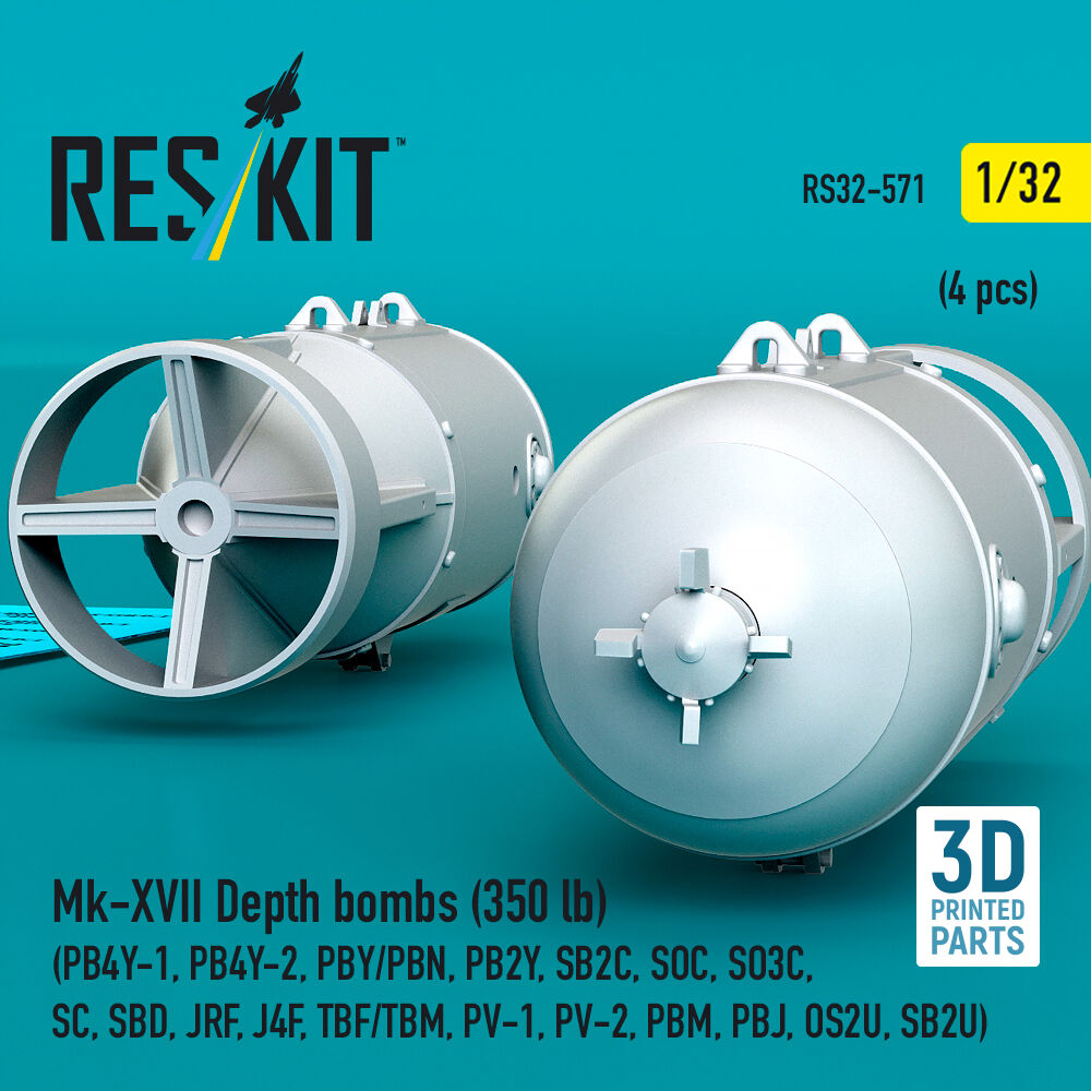 Mk-XVII Depth bombs (350 lb) (4 pcs) (PB4Y-1, PB4Y-2, PBY/PBN, PB2Y, SB2C, SOC, SO3C, SC, SBD, JRF, J4F, TBF/TBM, PV-1, PV-2, PBM, PBJ, OS2U, SB2U) (3D Printed)