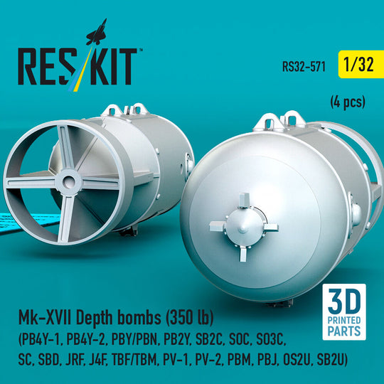 Mk-XVII Depth bombs (350 lb) (4 pcs) (PB4Y-1, PB4Y-2, PBY/PBN, PB2Y, SB2C, SOC, SO3C, SC, SBD, JRF, J4F, TBF/TBM, PV-1, PV-2, PBM, PBJ, OS2U, SB2U) (3D Printed)