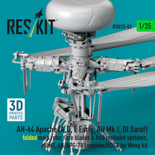 AH-64 Apache (A,D, E Early, AH Mk.I, DI Saraf) folded main rotor, late blades & fold restraint systems, MUMT, AN/APG-78 Longbow/ADSS for Meng kit (3D Printed)