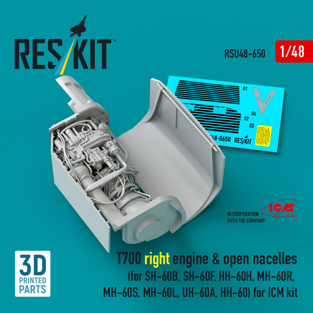 T700 right engine & open nacelles (for SH-60B, SH-60F, HH-60H, MH-60R, MH-60S, MH-60L, UH-60A, HH-60) (3D Printed) for ICM