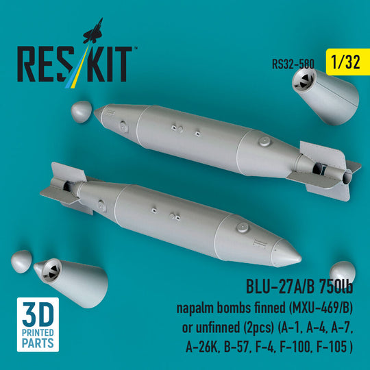 BLU-27A/B 750lb napalm bombs finned (MXU-469/B) or unfinned (2 pcs) (A-1, A-4, A-7, A-26K, B-57, F-4, F-100, F-105 ) (3D Printed)