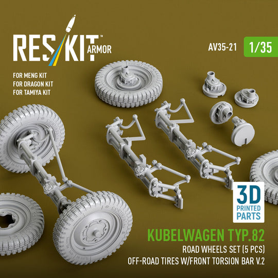 Kubelwagen typ.82 road wheels set (5 pcs) off-road tires w/front torsion bar V.2 (3D Printed) for Meng / Dragon / Tamiya