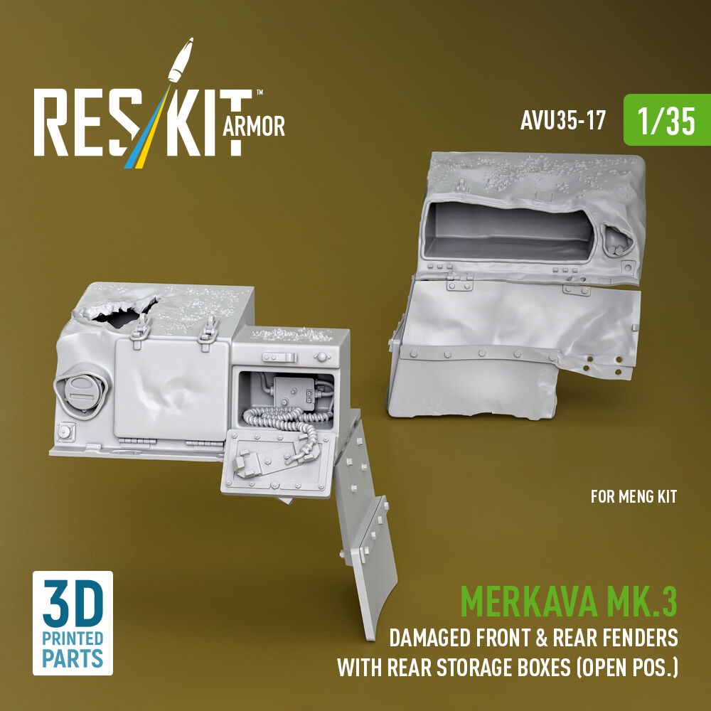Merkava Mk.3 damaged front & rear fenders with rear storage boxes (open pos.) for Meng kit (3D Printed)