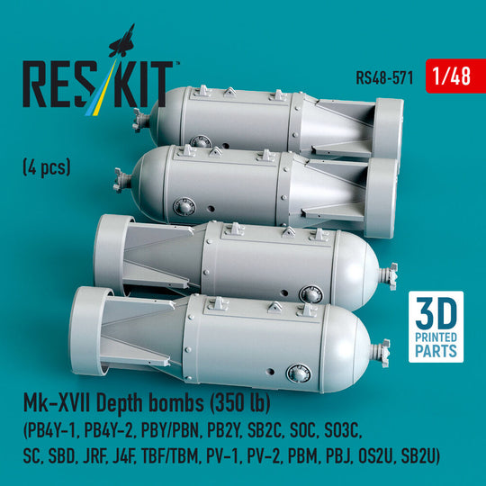 Mk-XVII Depth bombs (350 lb) (4 pcs) (PB4Y-1, PB4Y-2, PBY/PBN, PB2Y, SB2C, SOC, SO3C, SC, SBD, JRF, J4F, TBF/TBM, PV-1, PV-2, PBM, PBJ, OS2U, SB2U ) (3D Printed)