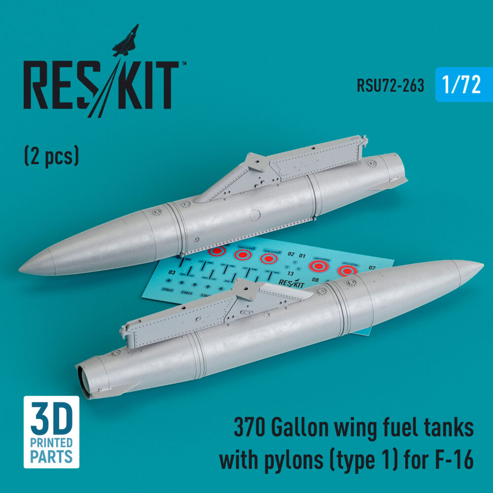 370 Gallon wing fuel tanks with pylons (type 1) for F-16 (A/B/C/D/E/F/I) (2 pcs) (3D Printed)