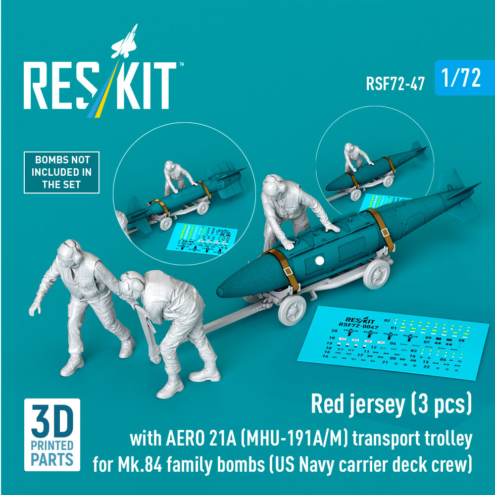 Red jerseys (3 pcs) with AERO 21A (MHU-191A/M) transport trolley for Mk.84 family bombs (US Navy carrier deck crew) (3D Printed)