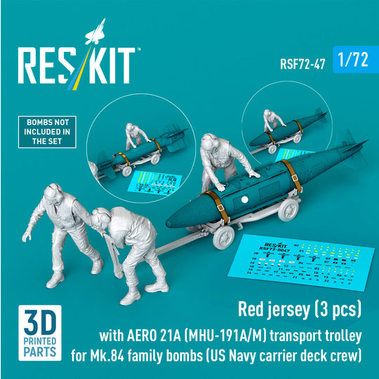 Red jerseys (3 pcs) with AERO 21A (MHU-191A/M) transport trolley for Mk.84 family bombs (US Navy carrier deck crew) (3D Printed)