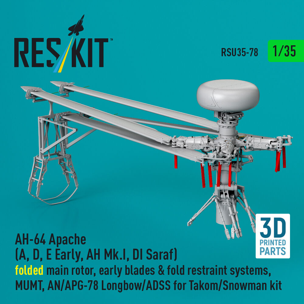 AH-64 Apache (A, D, E Early, AH Mk.I, DI Saraf) folded main rotor, early blades & fold restraint systems, MUMT, AN/APG-78 Longbow/ADSS for Takom/Snowman kit (3D Printed)
