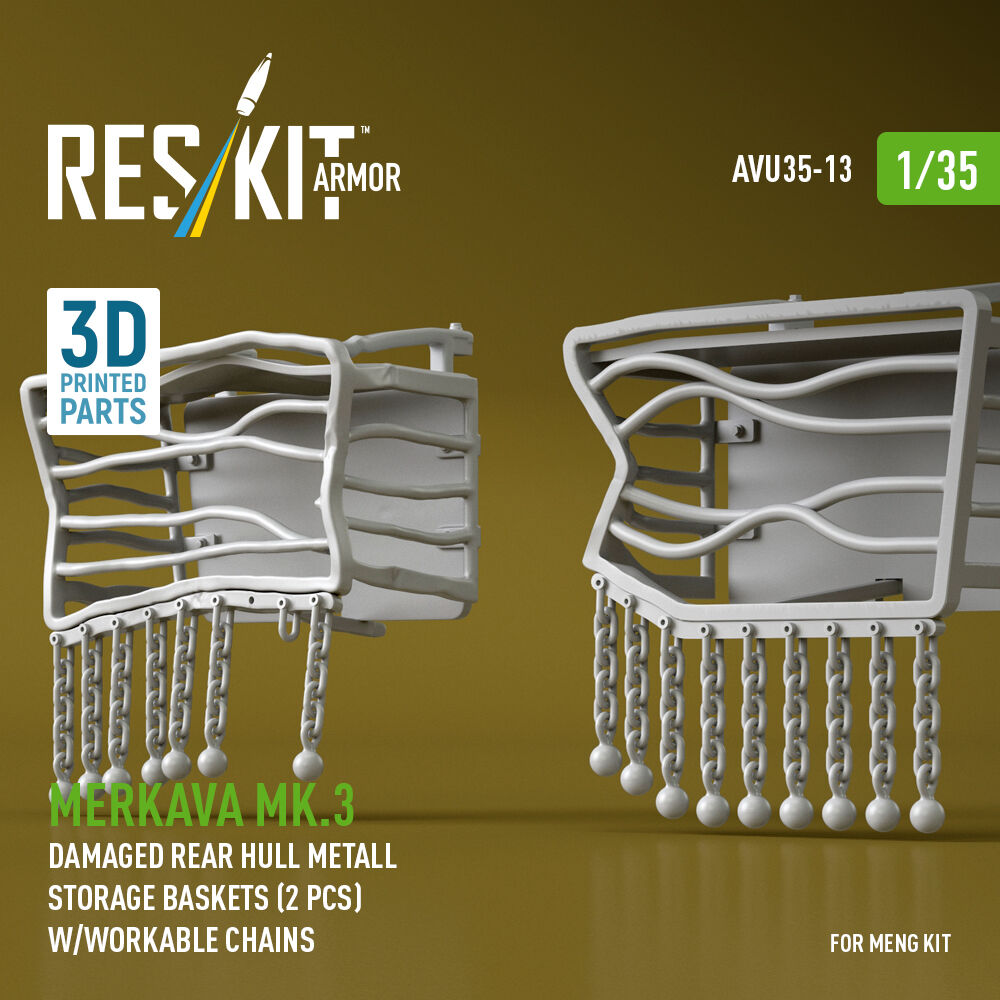 Merkava Mk.3 damaged rear hull metall storage baskets (2 pcs) w/workable chains for Meng kit (3D Printed)