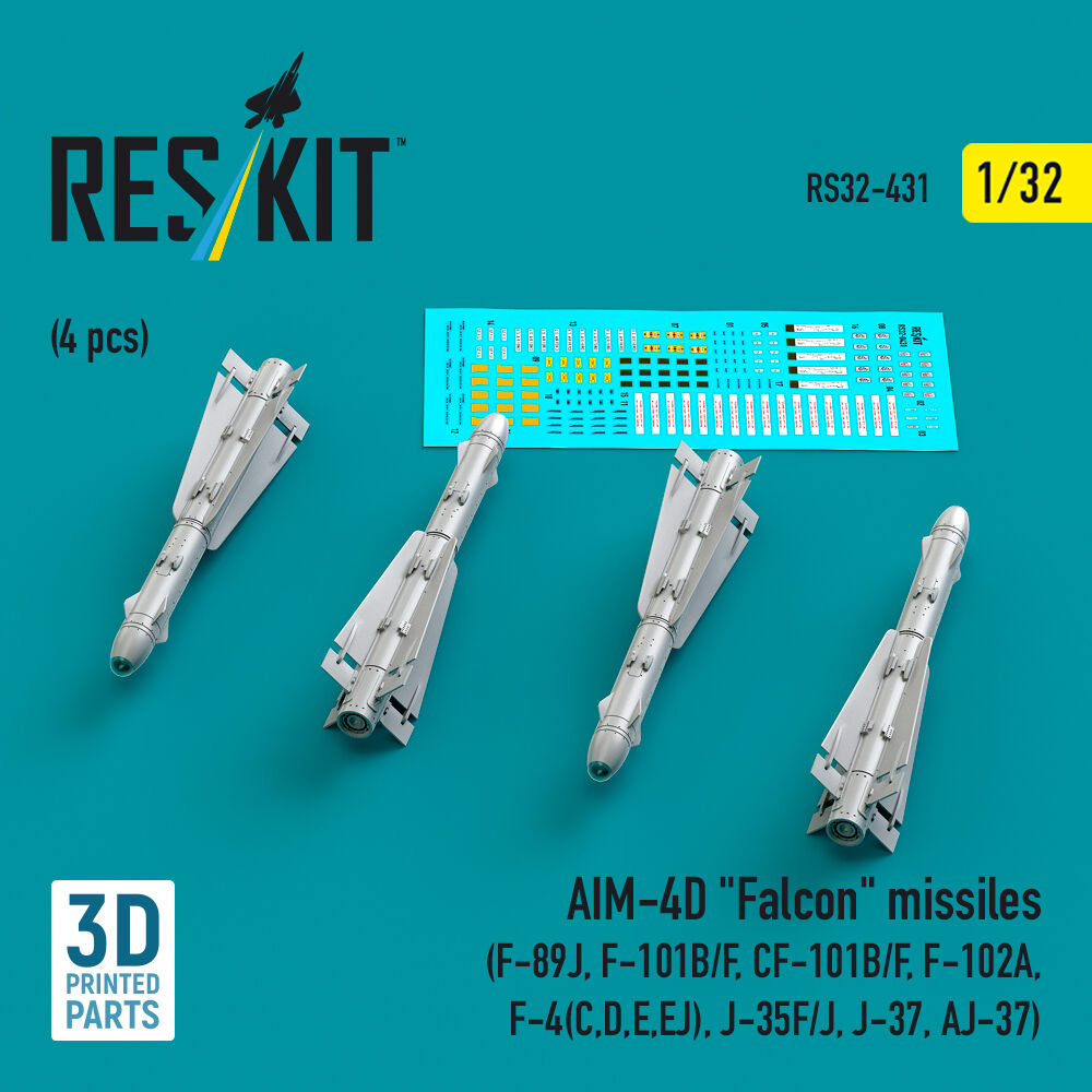 AIM-4D Falcon missiles (4 pcs) (F-89J, F-101B/F, CF-101B/F, F-102A, F-4(C,D,E,EJ), J-35F/J, J-37, AJ-37) (3D Printed)