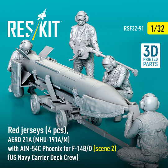 Red jerseys (4 pcs), AERO 21A (MHU-191A/M) with AIM-54C Phoenix for F-14B/D (scene 2) (US Navy Carrier Deck Crew) (3D Printed)