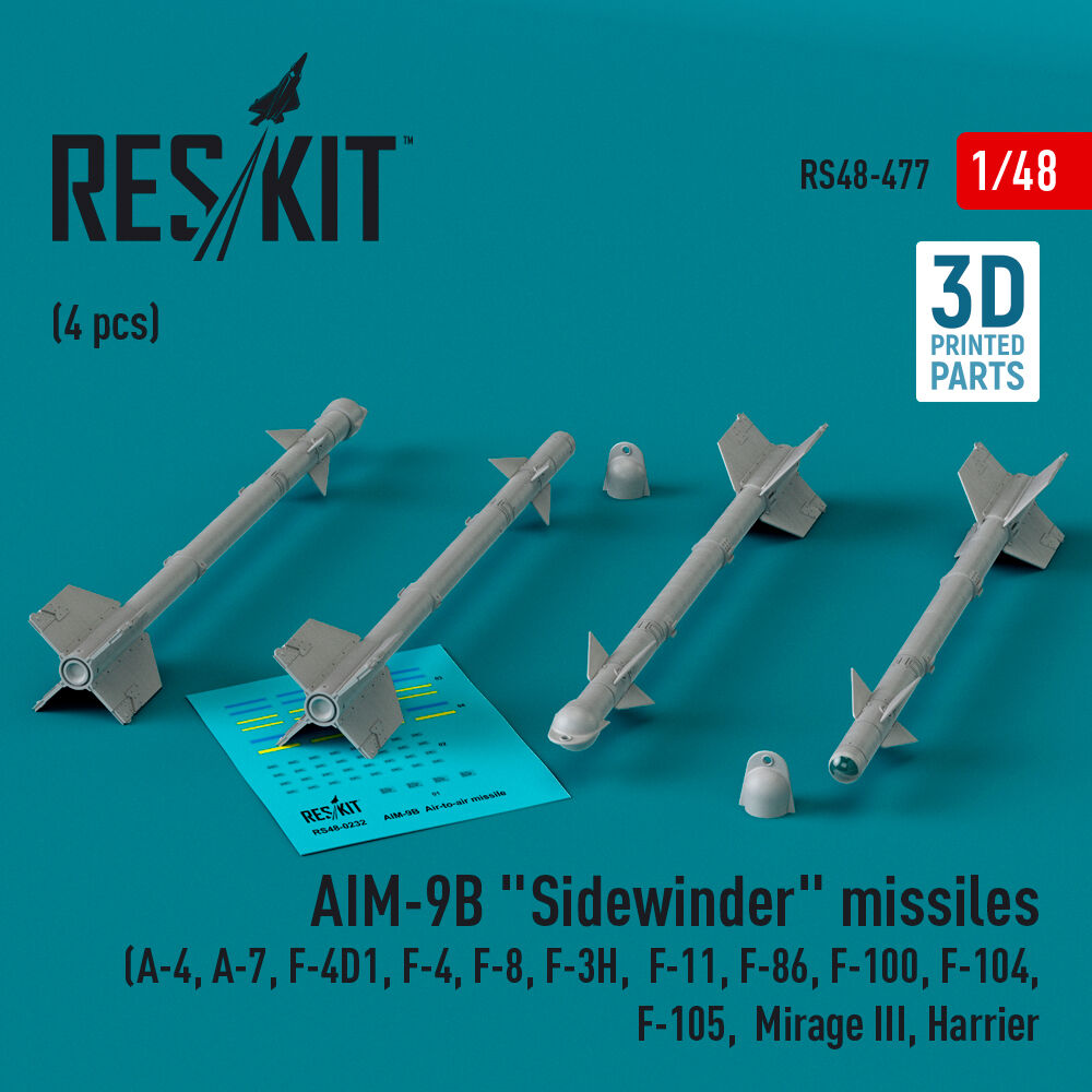 AIM-9B Sidewinder missiles (4 pcs) (A-4, A-7, F-4D1, F-4, F-8, F-3H, F-11, F-86,F-100, F-104, F-105, Mirage III, Harrier) (3D Printed)
