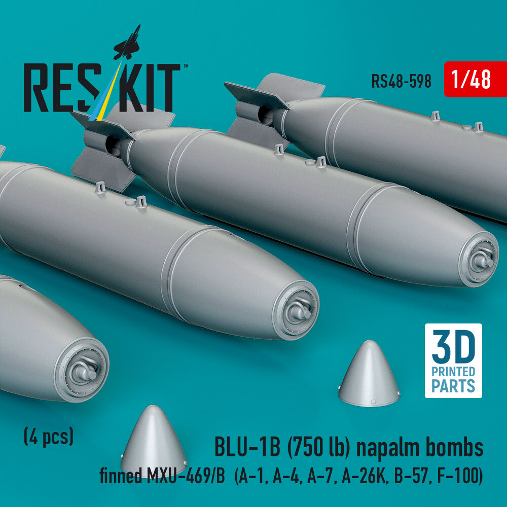 BLU-1B (750 lb) napalm bombs finned MXU-469/B (4 pcs) (A-1, A-4, A-7, A-26K, B-57, F-100) (3D Printed)
