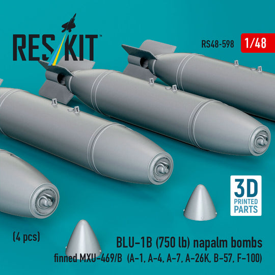 BLU-1B (750 lb) napalm bombs finned MXU-469/B (4 pcs) (A-1, A-4, A-7, A-26K, B-57, F-100) (3D Printed)