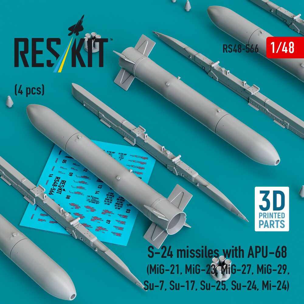 S-24 missiles with APU-68 (4 pcs) (MiG-21, MiG-23, MiG-27, MiG-29, Su-7, Su-17, Su-25, Su-24, Mi-24) (3D Printed)