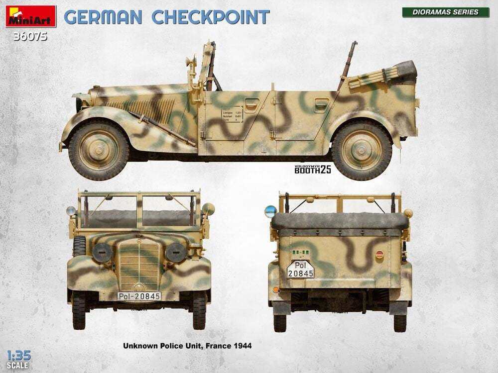 German Checkpoint. 3t Cargo Truck 3,6-36S & Kfz.1 Type 170VK w/ Feldgendarmerie. Big Set